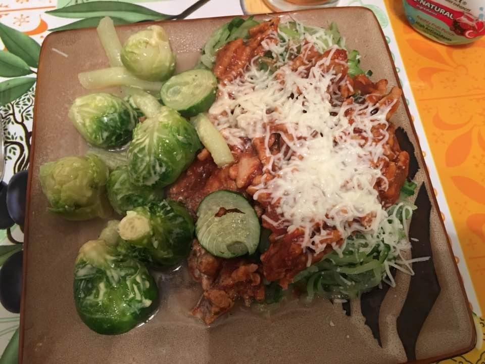 Zoodles, pasta sauce, mozzarella and Brussels sprouts