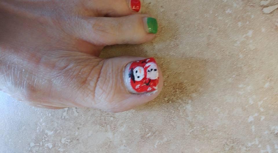 My left foot / big toe done Christmas 2016 -- free hand snowman.