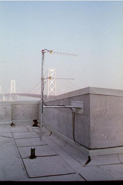 Here are two UHF antennas on the Avalon Twin Towers apartment aimed South to pick up the Television Stations in San Jose. Note in the background how close this is to the San Francisco Bay Bridge