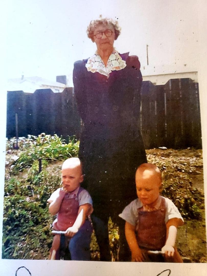 Taken 1942, Richmond,CA wit Alice Amanda Rocester McCoy Marsh, Great Grandmother with Dennis and Ross Johnson