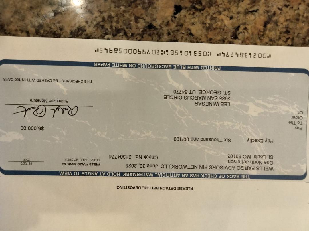 Here's a copy of the check in