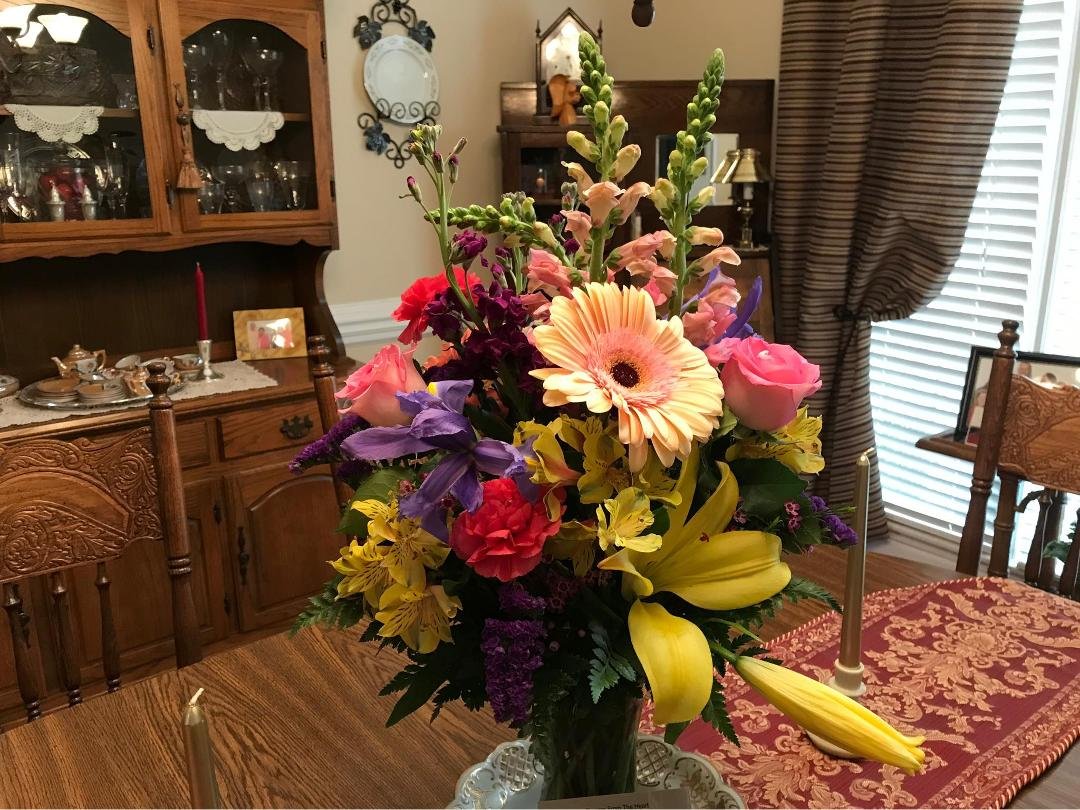 Flowers sent for my birthday by my sweet sister-in-law, Virginia, on Tommy’s behalf. I don’t know how or when he arranged this, but I am so appreciative of his love and thoughtfulness. Gone but never forgotten.