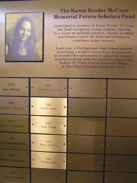 Plaque for The Karen Bender McCuen Memorial Future Scholars Fund at Providence Hospital, Portland Oregon.