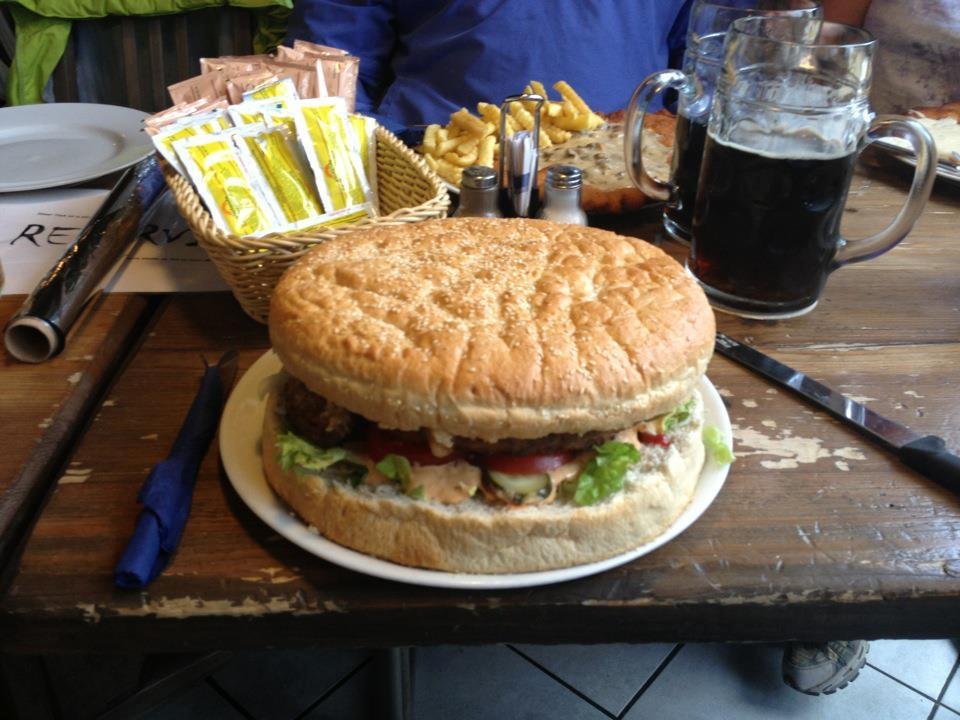Tonight's dinner. Julie, Ethan and I tried to tackle the cheeseburger. The burger won.
