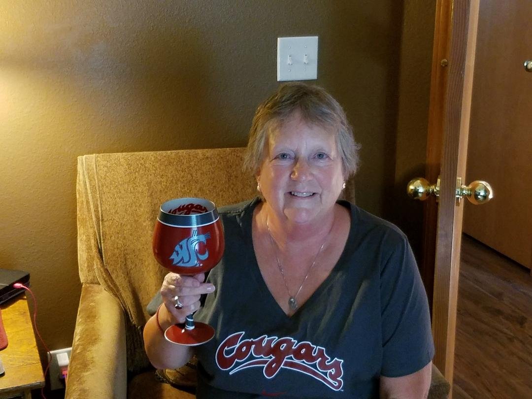 Ready for the game with my wine glass filled with Bledsoe Family red blend! Go Cougs!
