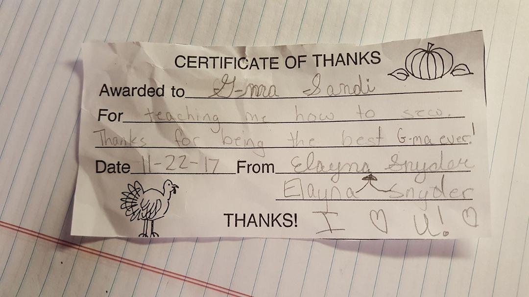 This certificate is "priceless." My granddaughter, Elayna, gave it to me for teaching her how to sew.