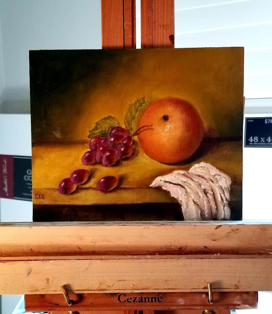 Finished
"Orange with Grapes"
Oil on linen mounted on board
8 x 10