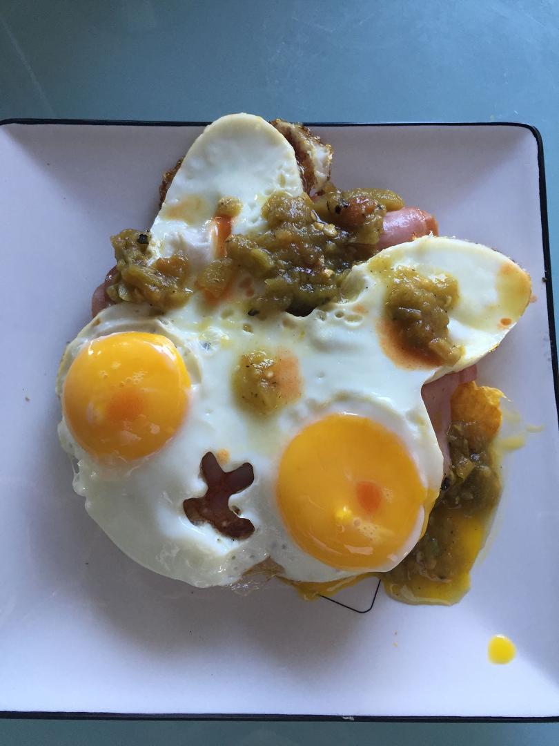 2 eggs, bunny side up, thanks Lisa Hart, personal chef.