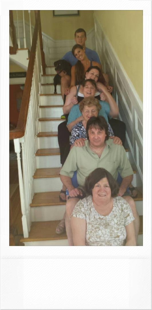 My family celebrating Summer & Ben ' s wedding in Wilmington NC. Top to bottom: Ben Sturgill, pooch Hendrix Rahn, Summer Rahn Sturgill, Acasia Rahn, Joyce Grego Batliwala, Phyllis Rahn , Wayne Rahn, and Diane Grego.
