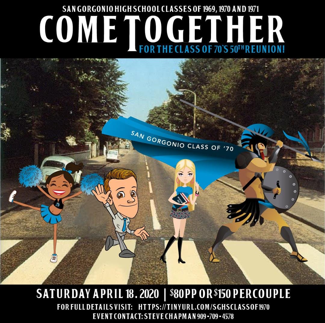 ATTN: SGHS ALUMNI
Forwarded from Steve Chapman and Shaye Yarnell.
There's no album cover more iconic or a better reminder of our senior year at San Gorgonio High School (1969-1970) than The Beatles' Abbey Road. Our planning