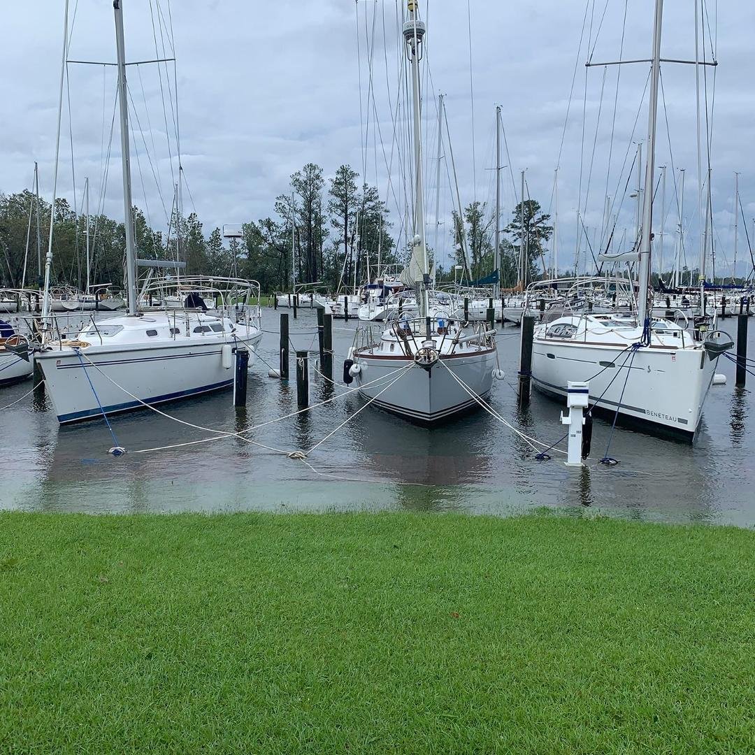 At the marina, all is well, but look Ma, no docks. Actually they are under water as the surge recedes. Great prep work before storm and excellent effort by the marina Hurricane Response Team during the storm brought excelle