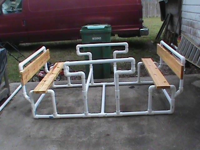 this is a PVC picnic table frame that I have go done so far. got the wood on the seat and back.