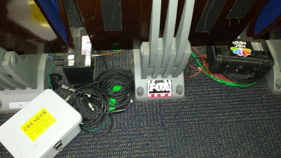 Network equipment in briefing room.