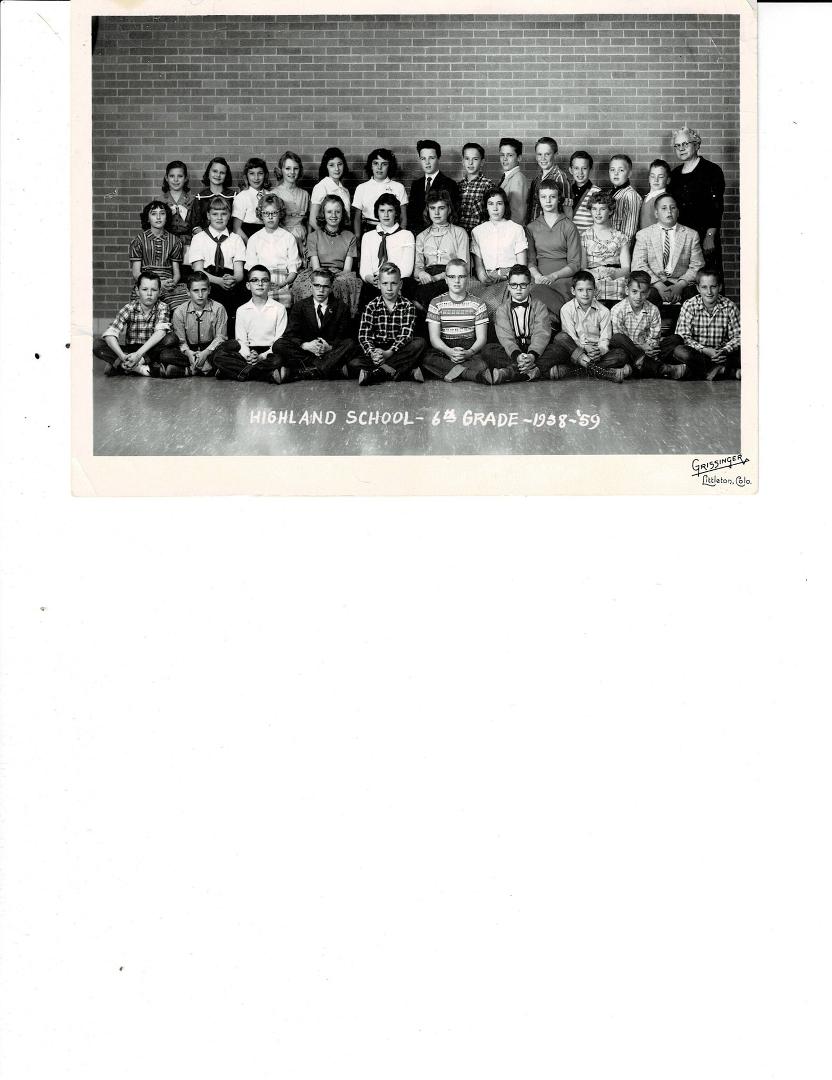 Mrs. Schneider's 6th Grade Class East Elementary '58-'59 for first half of the year, then to Highland Elementary for second half of the year.
Back Row: 1. ? 2. ? 3. ? 4. Diana Nolan 5. ? 6. ? 7. Jimmy O'Connor 8. ? 9. Kim