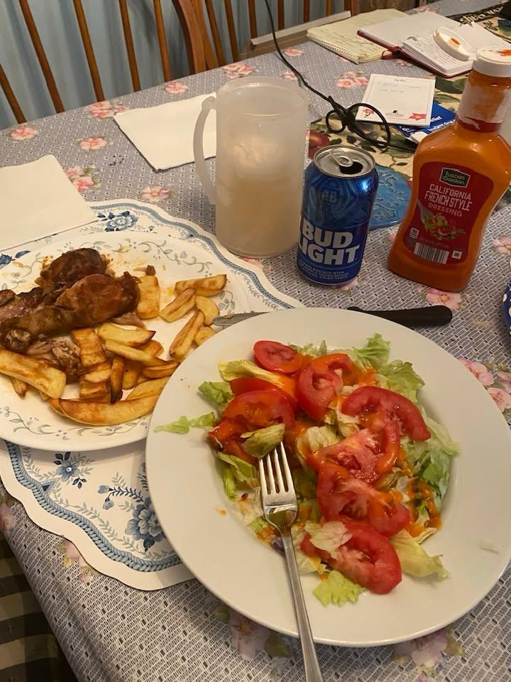 Another great dinner last night. Cockpit barberque drumstick with air fryer steak fries garden salad my bud Light great dinner!!!!!!