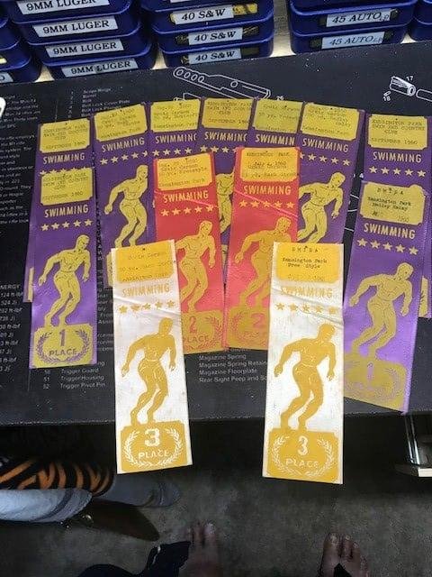 These are my ribbons from Kinsington Park Rec Center swimming team... A lot of kids from kinsington swam on the team.... this is like 1956,58