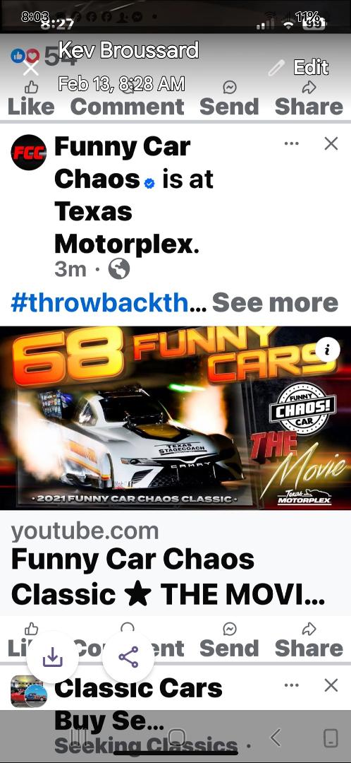Ok another road trip April 2 to the 7th. Going to watch John and Kevin Broussard run their brand spanking new Funny Car!
Wednesday nite Corsicana Tx Hol Inn
Thursday drag strip
Thursday nite Billy Bobs Fort Worth to shake a