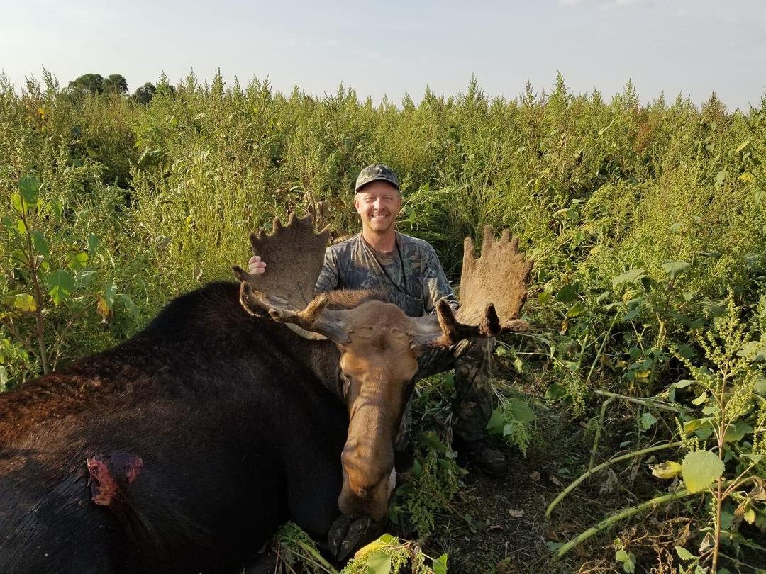 My son-in-law just got this moose with a bow in N.D.
Got it done at 71yds with the Bowtech bow. He was laying with a cow and 2 calves. Lots of eyes tough stalk. Saw bigger ones but this was a good stalk and good hunt. Big