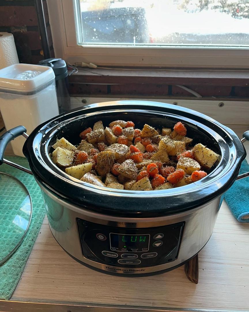 Roast pork, diced potatoes and carrots in slow cooker. Dinner in nine hours!