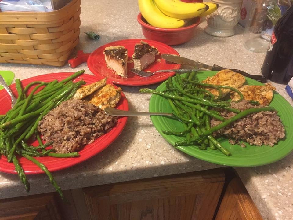 Yeah...... we like asparagus. Chicken breast and weird rice stuff. Oh, don't pay attention to the peanut butter pie slices. I may not eat mine, Lisa already starter on hers.