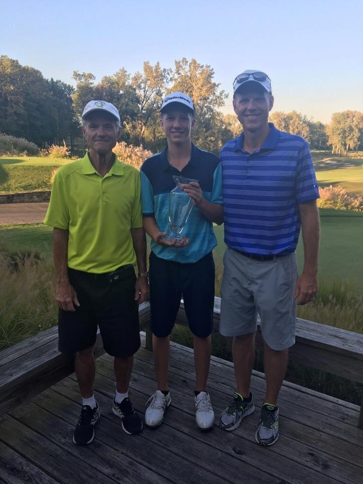 Drew won the 14-19 division with over 50 players in it at Wolf Run. He shot 71-72 (+1) to win by 4 with dad on the bag.