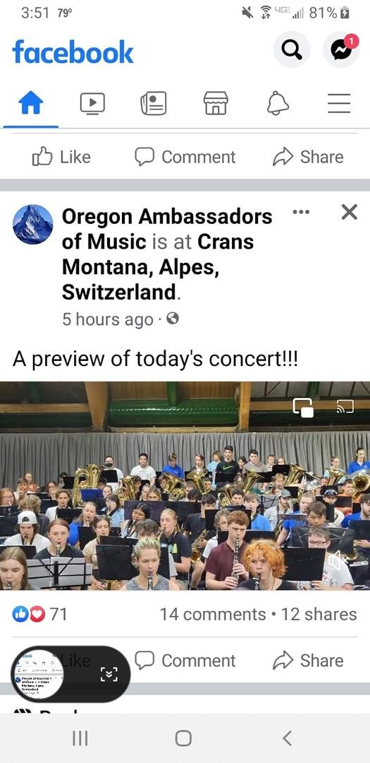 Granddaughter Sammie is touring Europe. Left Paris to go to Switzerland. It sounds like they are having a great time. The band and the choir both sound wonderful!