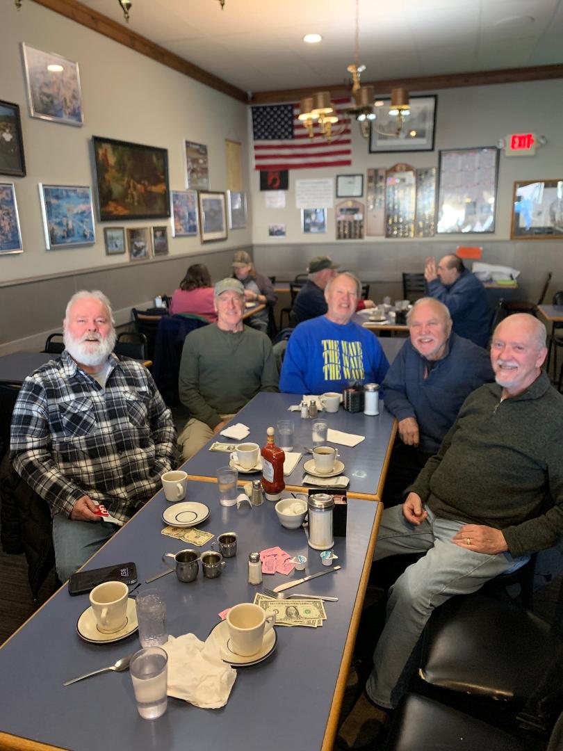 Steve Rathbun, Leon Rose, Dan Taylor, Dave Schrandt and Greg Peterson at Grandma's Kitchen solving the world's problems!
