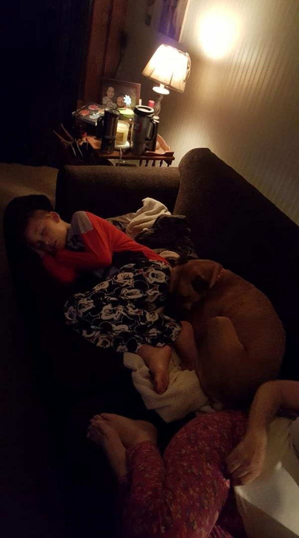 One tired grandson and his dog.
