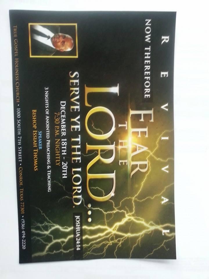 FB family and friends..I personally want to invite you to hear a preacher who cares about your soul and were you will spend eternity..True Gospel Holiness Church is having a revival starting tonight thru Saturday..7:30pm Ni