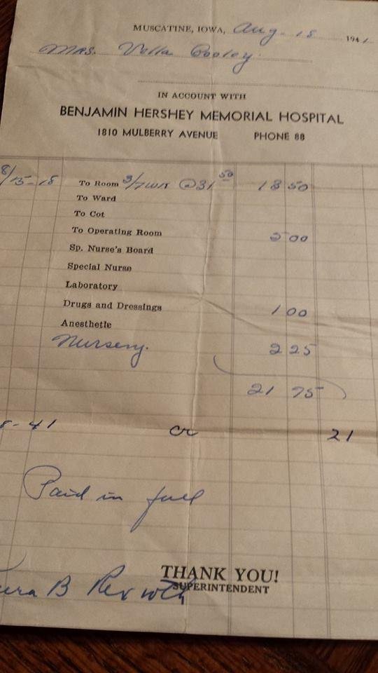 Found this in my Mom's records. The total cost of my brothers birth in 1941.