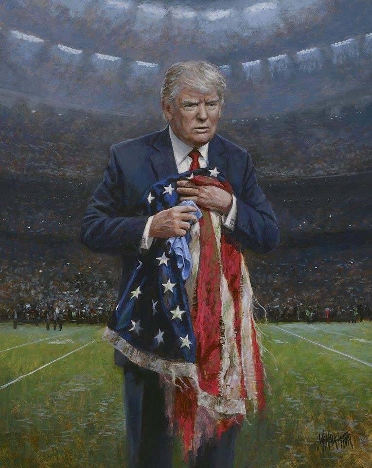 John McNaughton painted this picture of President Trump and named it "Respect The Flag.”
The painter says, "I painted President Trump picking up a shredded and trampled flag off the football field. He holds a wet cloth in