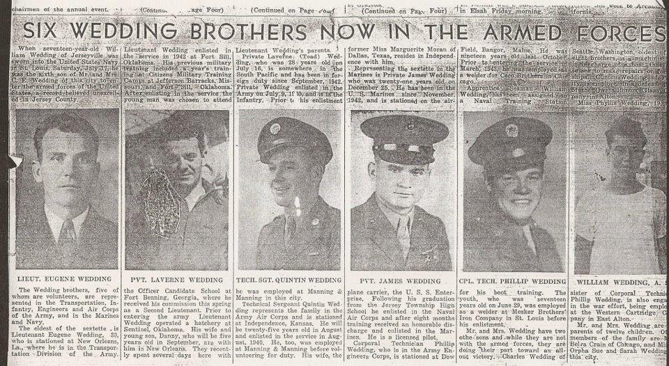 Six of eight of my father's brothers served in WWII, one of the other two was a Merchant Marine supplying the Pacific, and the eight brother worked for the war effort as a machinist in St. Louis