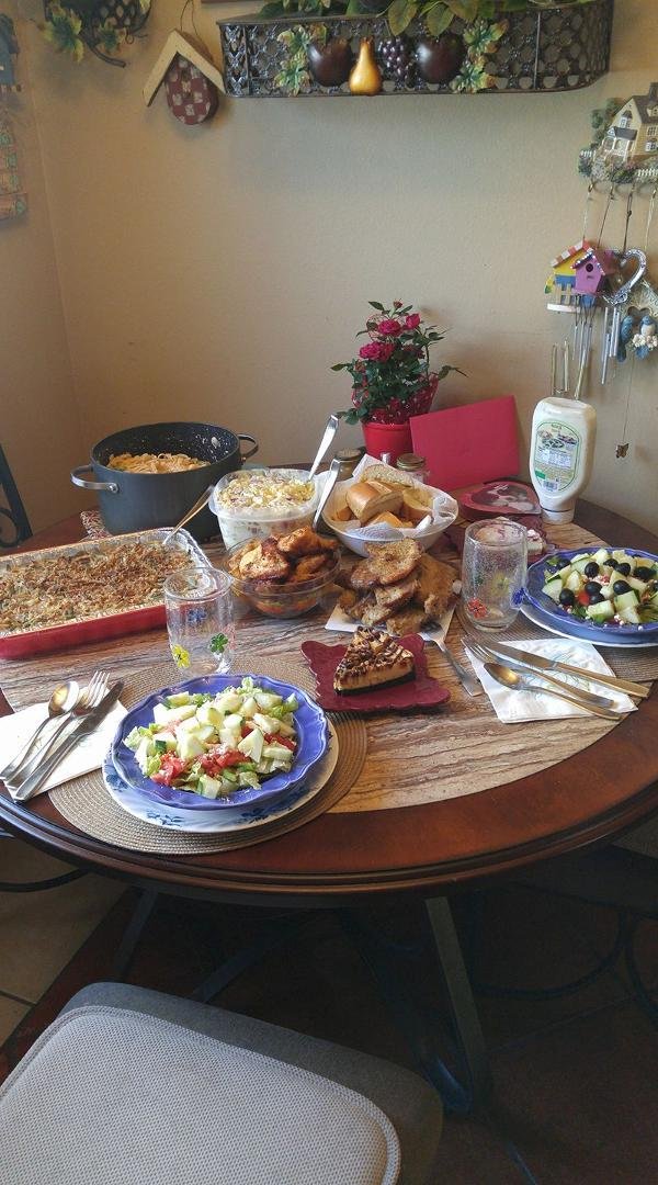 Happy valentines dinner pasta con broccoli russian salad green bean casserole pork chops salad garlic bread cheesecake 😋
