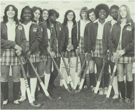 L-R. 1973 Field Hockey Varsity Team.  Diane Contino, Key Beckford, Darlene Groneman, Maryjane Johnson, Veronica Spellman, Diane Young, Susan Kart, Kathy Tarbush, Chiwana Leggon, Darlene Halsey, Philis O'Shaughnessy.