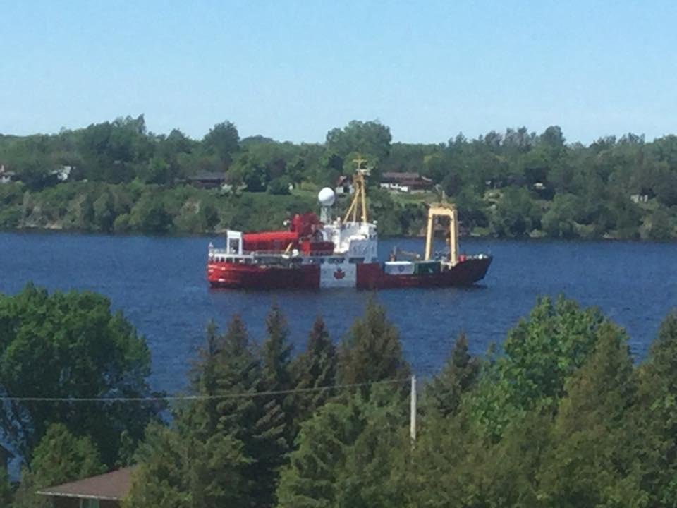 This is the Polar Prince! She is going along Lake Ontario to the Atlantic Ocean, North up to the Arctic, through the NorthWest Passage, to the Pacific and then down to Vancouver! Here she is anchored just up the bay from th