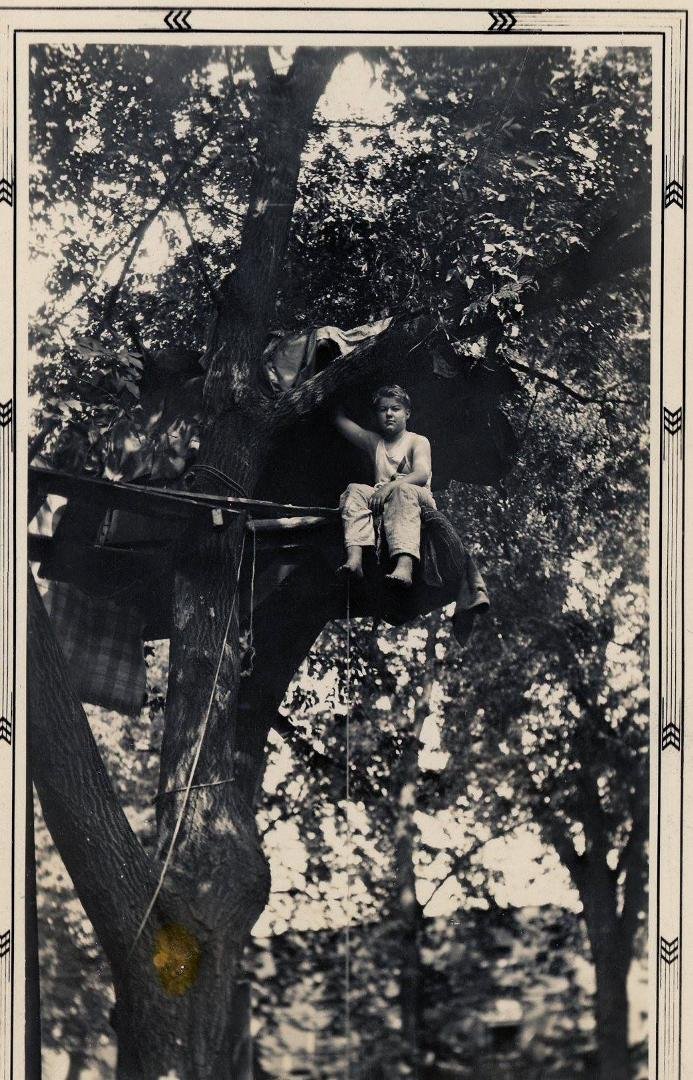 Uncle Torrence Winston Dust, 1930.  Tree sitting contest, Des Moines, Iowa.
