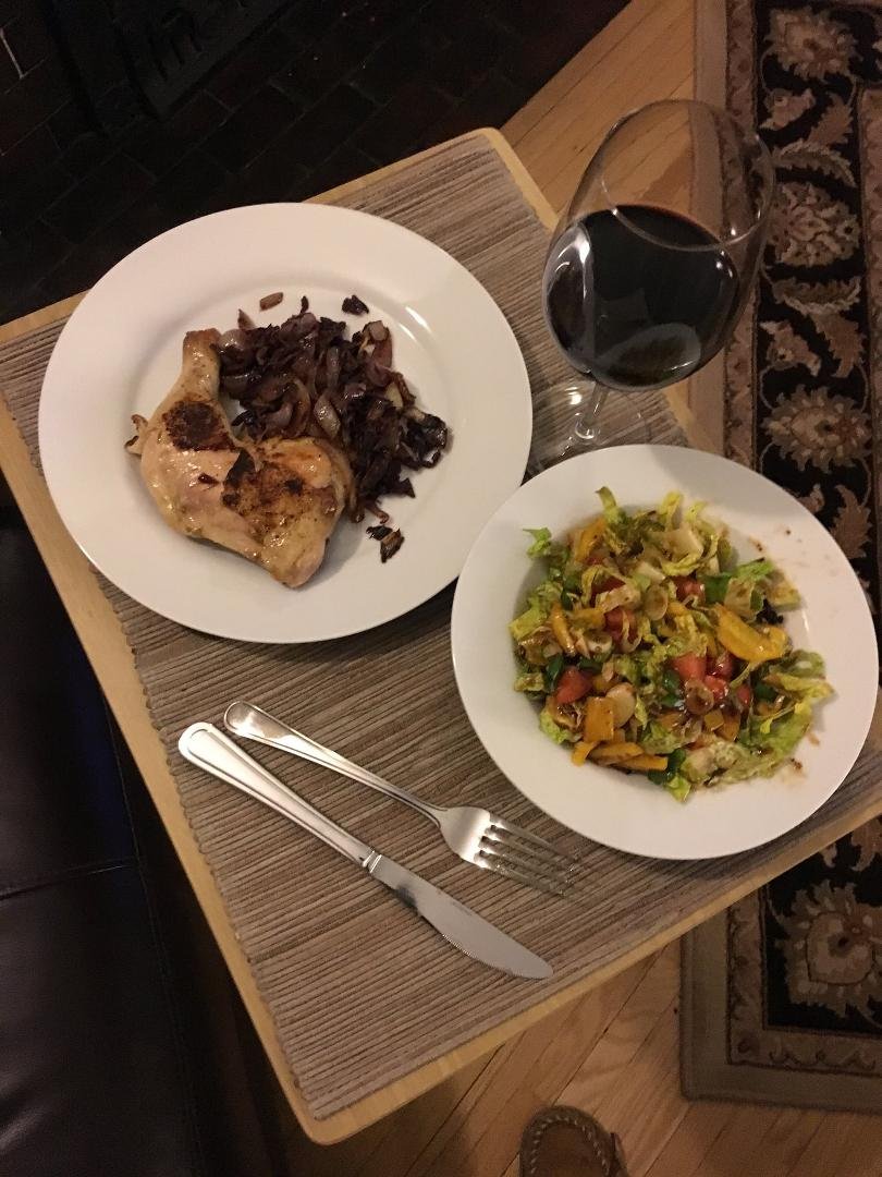 Confit de Poulet with carmelized onion and red cabbage roumelade ...fresh local greens and veggies salad with warm Sesame Thai dressing and a 2012 Sterling Merlot to wash it down ...just something I whipped up after a rea