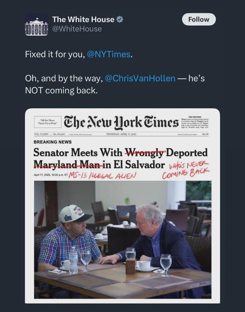 This is sick. This is coming from the Office White House account. 

They're being snarky while gloating about the fact that their administrative error has ensured that his American wife and kids will never get to live with 