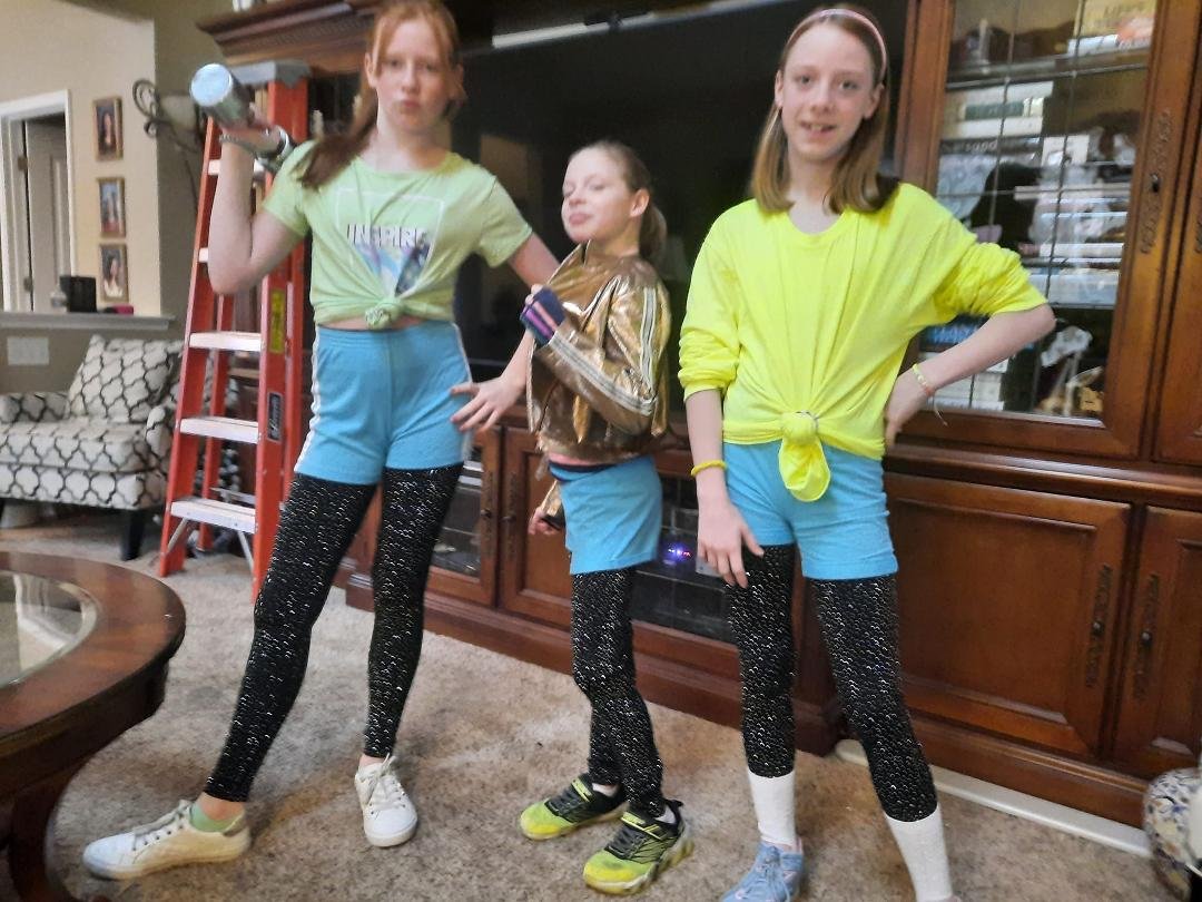 It's 80's Day at school today. The girls came up with these outfits all by themselves.