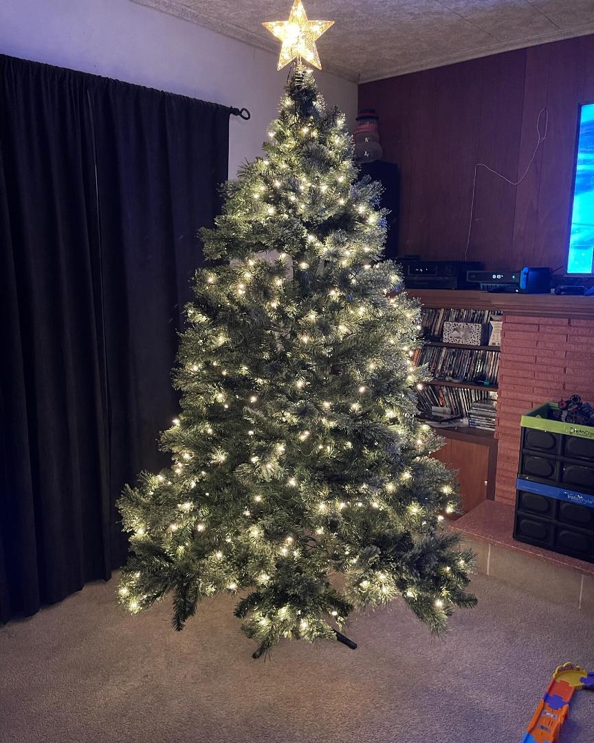 Our tree is up and lit after replacing ten bad bulbs. This is the first time I remember needing to replace any bulbs since we purchased this tree. Now it’s ready for decoration!