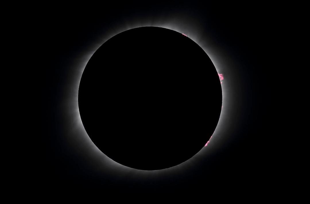 Red prominences composed of ejected plasma visible during totality.