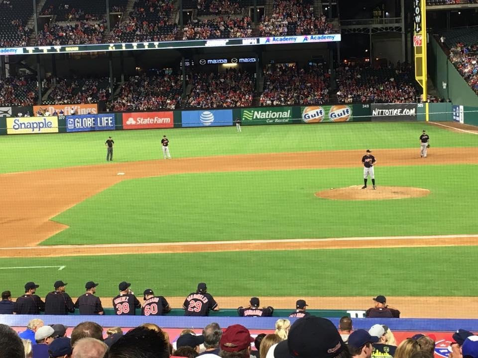 Sitting behind visitors dugout - bottom of the 7th Tribe up 7 to 1. Kluber pitched well for 6 innings. Here with Dan Grady and Myositis Joe.