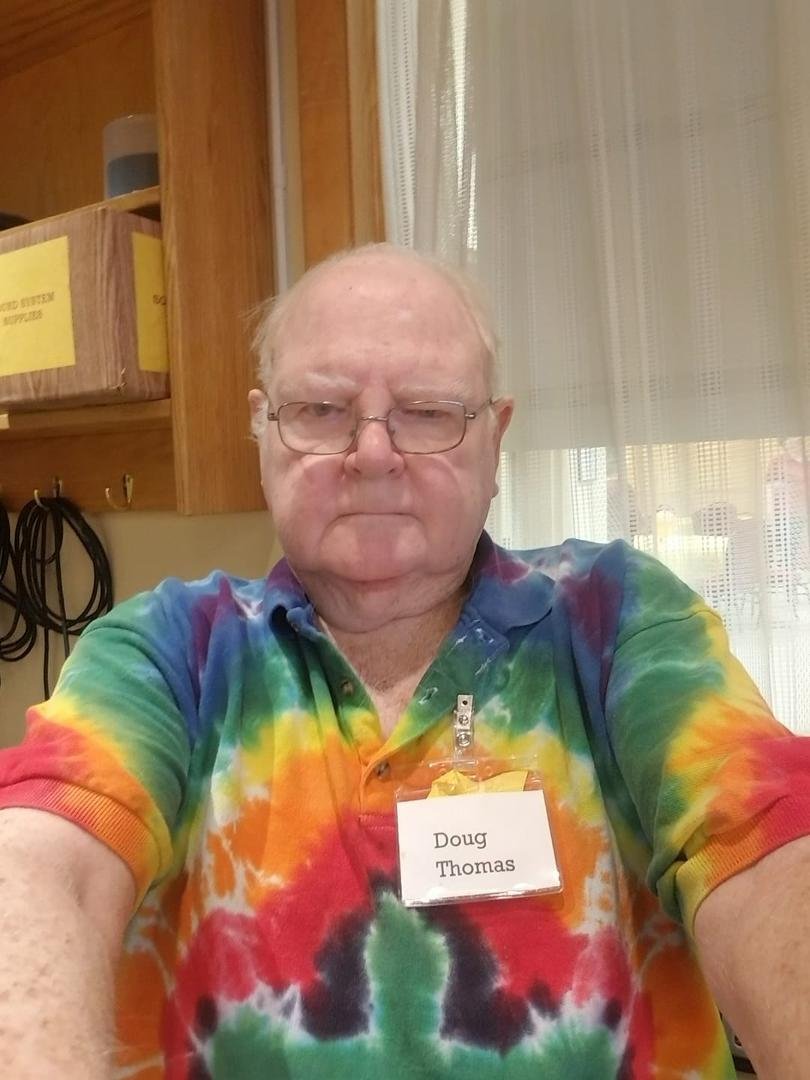 Doug on duty in the Sound Room at church. He has been doing it with various equipment for about 26 years.