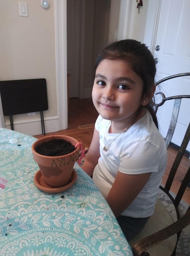 Aylah with her school project they did on Zoom today. Now we will watch it grow. It's a Marigold Flower 😍🌞