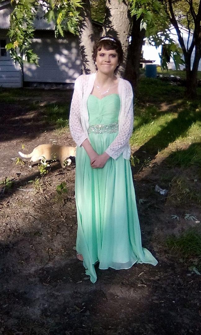 JJ ready for prom 2017. Got photo bombed by her cat Sammy.