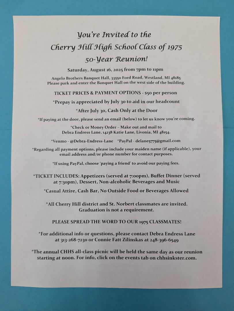 To all Cherry Hill district 1975 classmates, please come to our 50th class reunion this August 16! Tons of info on invite. For us to celebrate with as many friends as possible, help me spread the word.🎉