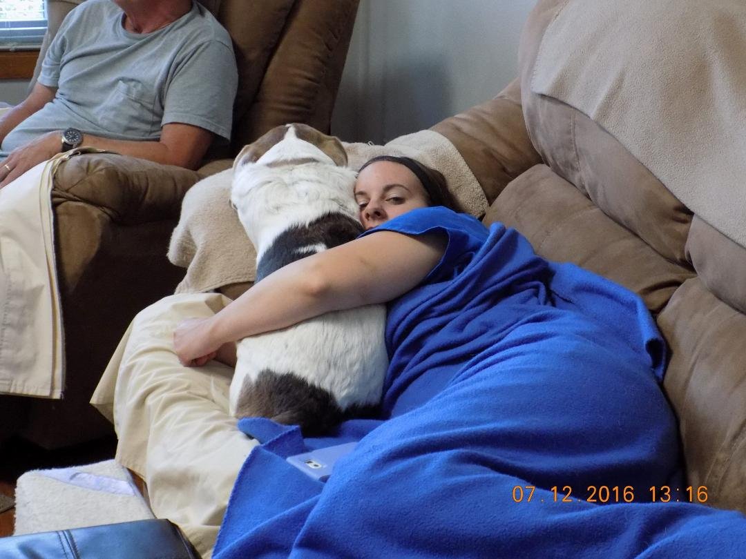 Sandy taking a quick lunchtime nap with Jen. Sandy loves it when Jen spends her lunch hour with us.