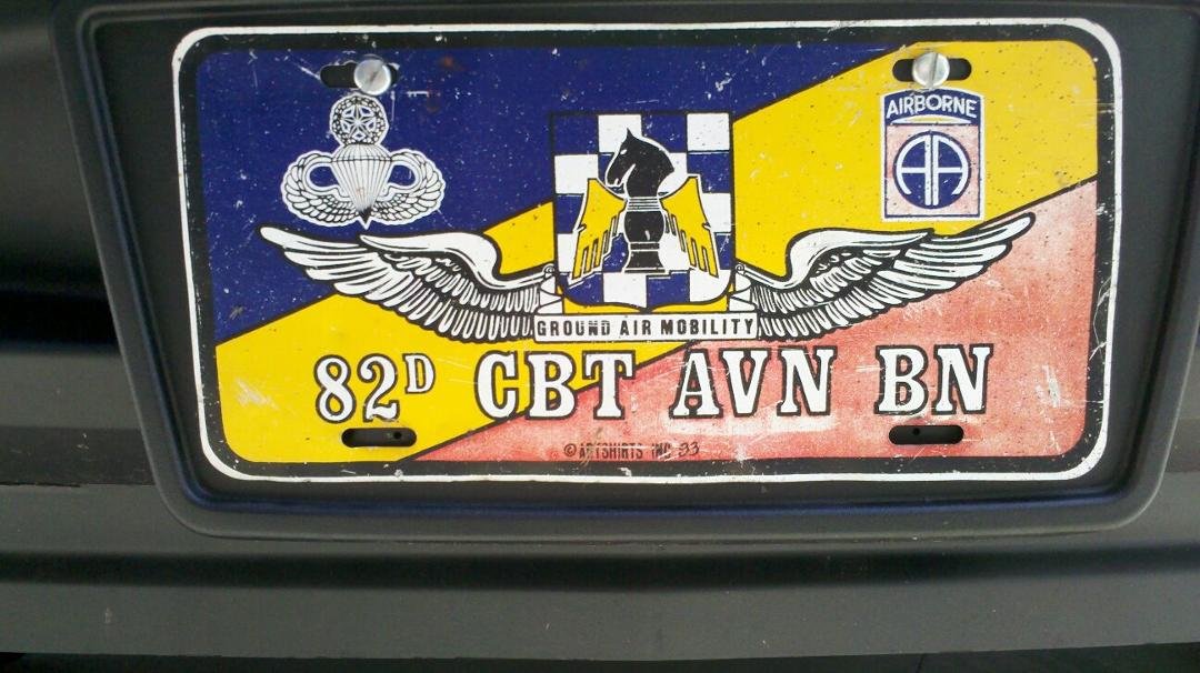 front license plate on my truck from 1979 when we made the aviation battalion out of F Company 782nd maintenance battalion (Combat) (Airborne) and other aviation units throughout Fort Bragg