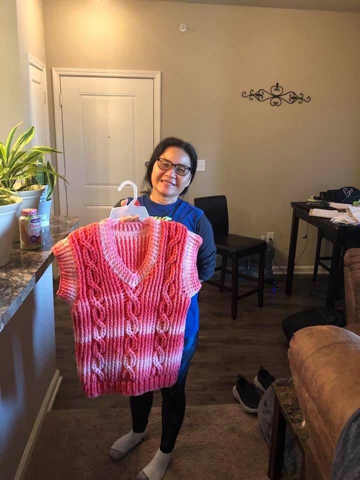 My awesome wife making a sweater, by crochet, she is so talented and a awesome wife.