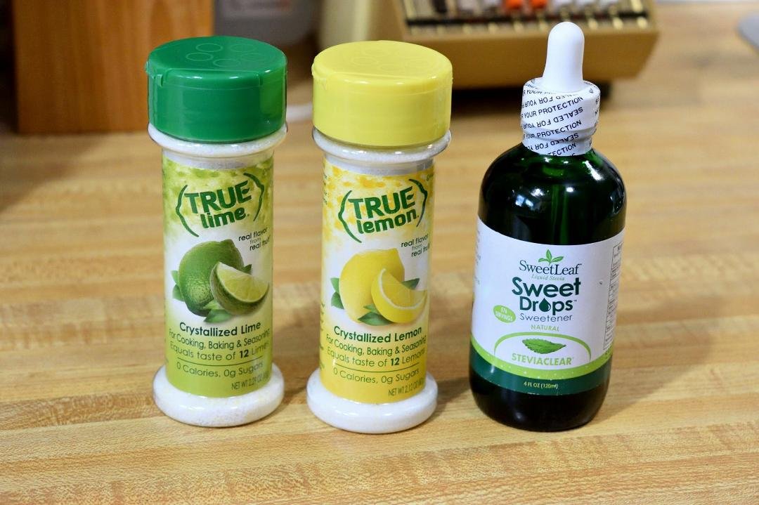 If you like flavored sweet drinks, here is a zero calorie option.
The lime and lemon are highly concentrated crystallized juice. It only takes two shakes for a large cup (like Fuzzy's Taco sells) and six drops of stevia.